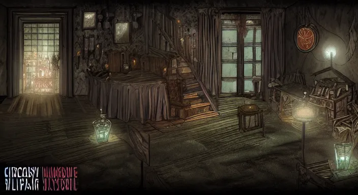 Image similar to creepy vampire mansion interior in the style of disco Elysium