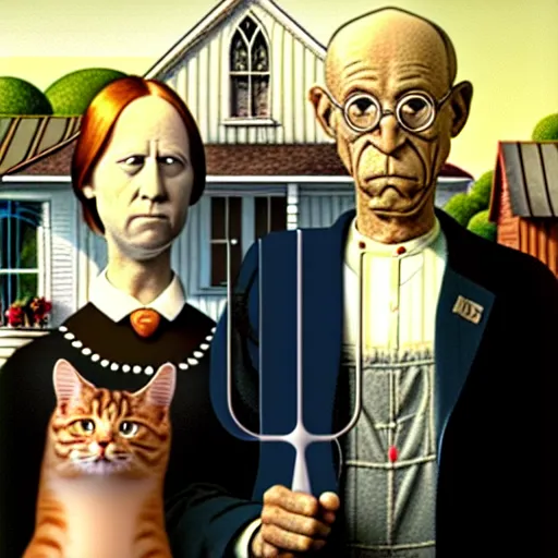 Image similar to fat orange tabby cat next to jon from garfield, american gothic by grant wood