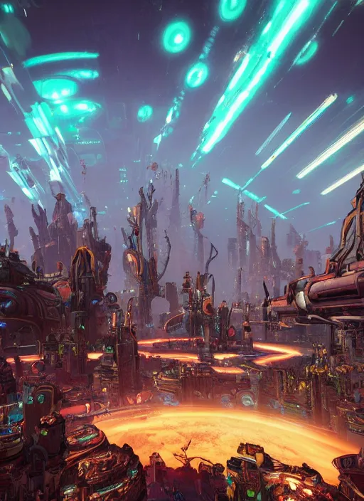 Image similar to glowwave techno civilization from borderlands 3, au naturel, hyper detailed, digital art, trending in artstation, cinematic lighting, studio quality, smooth render, unreal engine 5 rendered, octane rendered, art style by klimt and nixeu and ian sprigger and wlop and krenz cushart.