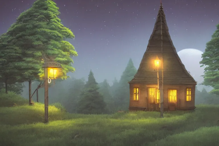 Image similar to A highly detailed matte painting of a lone house at night, forest, beautiful scenery, gas lamps, by Studio Ghibli