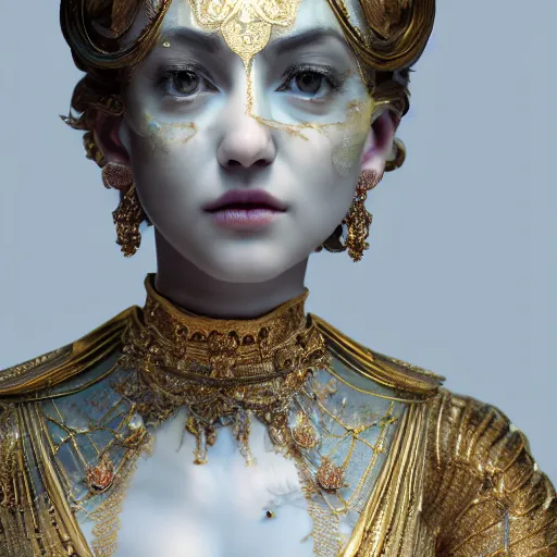 Image similar to a marble statue masterpiece of a gorgeous evil woman with white and gold, macro detailed oily skin, by kim jung gi, irakli nadar, intricate linework, bright colorshighly detailed, sharpness. victorian dress, hyper realistic., close up, face only, portrait, bright lights, bright render, octane render, corona render