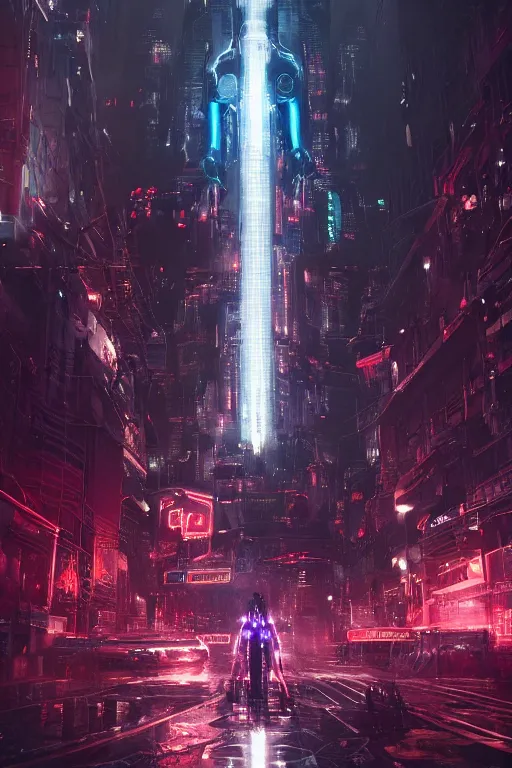 Prompt: a portrait of a giant neon robot in the middle of a massive mechanical city by greg rutkowski, sung choi, mitchell mohrhauser, maciej kuciara, johnson ting, maxim verehin, peter konig, bloodborne, 8 k photorealistic, cinematic lighting, hd, high details, dramatic, dark atmosphere, trending on artstation