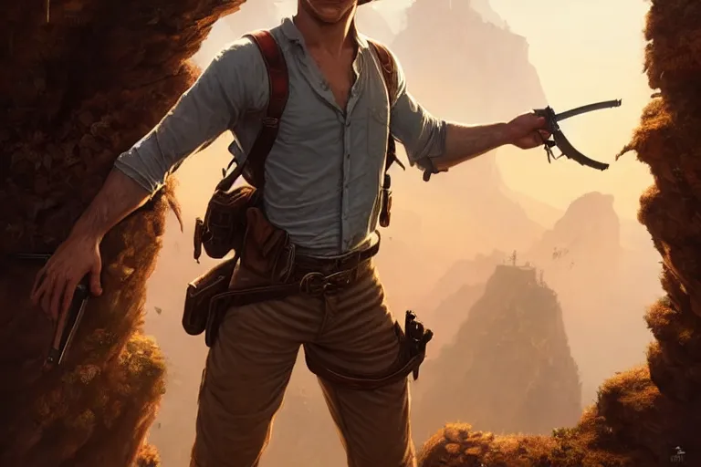 Prompt: tom holland as nathan drake, western, d & d, fantasy, intricate, elegant, highly detailed, digital painting, artstation, concept art, matte, sharp focus, illustration, art by artgerm and greg rutkowski and alphonse mucha