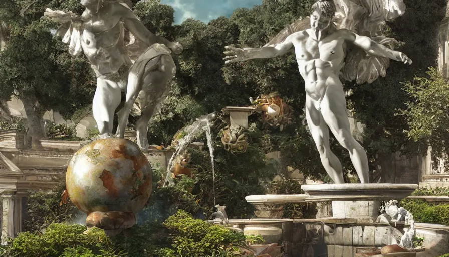 Image similar to craig mullins and studio ghibli illustration of a sculpture of the sun by michelangelo on top of a fountain in a garden, flowers, unreal engine, hyper realism, realistic shading, cinematic composition, realistic render, octane render, detailed textures, photorealistic, wide shot
