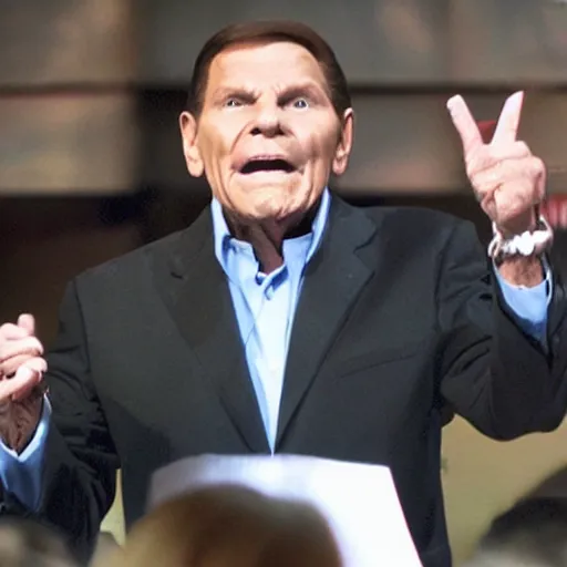 Prompt: kenneth copeland holding dollar bills, performing in front of big church