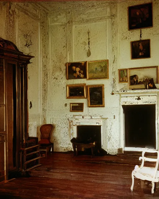 Image similar to the interior of an old house in devonshire that is probably haunted, delicate embellishments, painterly, offset printing technique, photographed on kodachrome by brom, robert henri, walter popp, cinematic lighting, various refining methods, micro macro autofocus, ultra definition, award winning photo