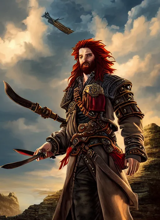 Prompt: An epic fantasy comic book style portrait painting of a long haired, red headed male sky-pirate in front of an sky-ship in the style of the wheel of time, unreal 5, DAZ, hyperrealistic, octane render, cosplay, RPG portrait, dynamic lighting