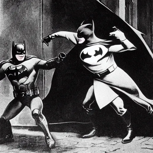 Image similar to a close - up old black and white photo, 1 9 1 3, depicting batman fighting a bad guy in an ally of new york city, rule of thirds, historical record