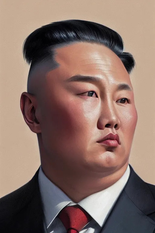 Image similar to vladimir putin with kim jong un hairstyle, realistic portrait, symmetrical, highly detailed, digital painting, artstation, concept art, smooth, sharp focus, illustration, cinematic lighting, art by artgerm and greg rutkowski and alphonse mucha