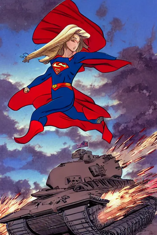 Image similar to a dramatic scene of supergirl leaping onto a tank and smashing it, on a battlefield, smoke, fires, explosions, manga art by masamune shirow, close - up, low angle, wide angle, highly detailed digital art