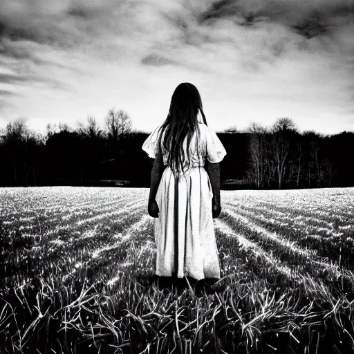 Prompt: dream. girl standing in a field. soft lighting. folk horror. snow.