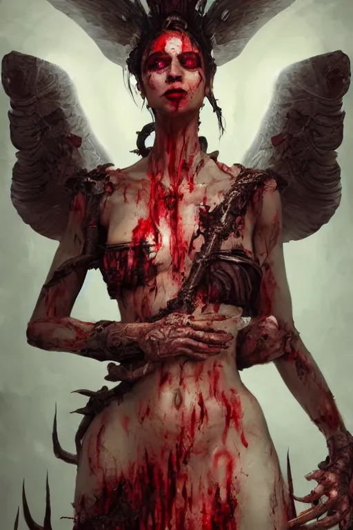 Image similar to face closeup of beautiful girl necromancer, witch - doctor covered in blood, fallen angel, diablo, 3 d render, hyper - realistic detailed portrait, holding fire and electricity, ruan jia, wlop. scifi, fantasy, magic the gathering, hyper detailed, octane render, concept art, peter mohrbacher