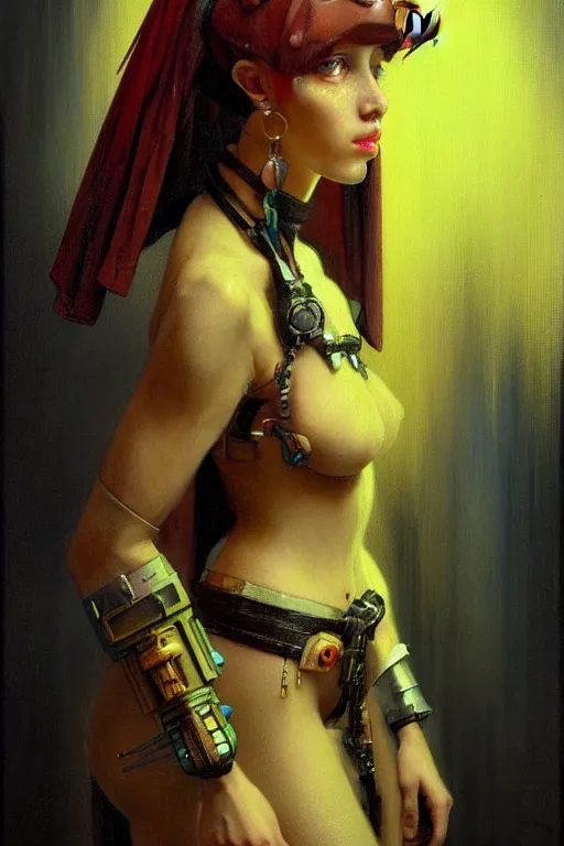 Image similar to character portrait cyberpunk warhammer 4 0 k, girl with the pearl earring character design, painting by gaston bussiere, katsuya terada, frank frazetta, tom of finland, trending on artstation