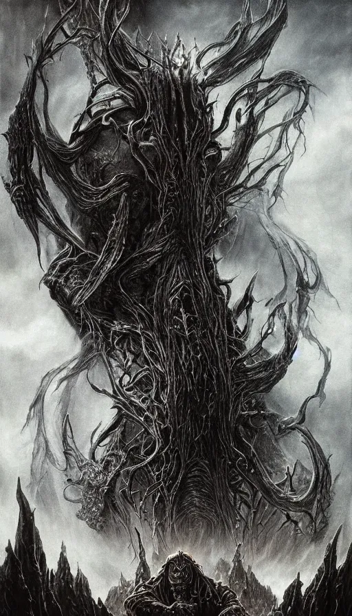 Image similar to Elden Ring and Lord of the Rings themed painting of majestic dark lord Morgoth, intricate artwork by Artgerm, Johnatan Wayshak, Zdizslaw Beksinski, Darius Zawadzki, H.R. Giger, Takato Yamamoto, masterpiece, very coherent artwork, cinematic, high detail, octane render, unreal engine, 8k, High contrast, golden ratio, trending on cgsociety, ultra high quality model, production quality cinema model