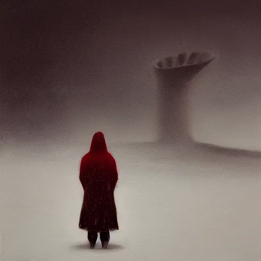 Image similar to a painting of a person standing in the snow, blizzard, a surrealist painting by zdzisław beksinski and by alena aenami, deviantart, nuclear art, dystopian art, apocalypse landscape, red color scheme, surrealist