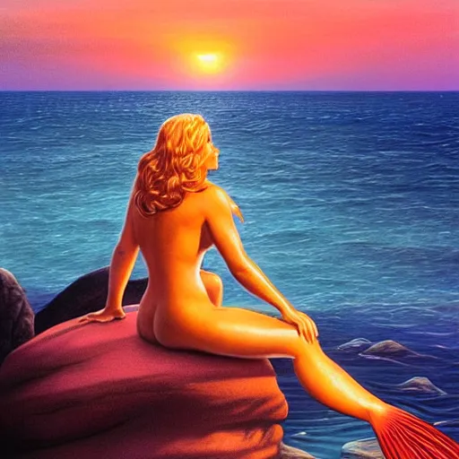 Prompt: a beautiful photo of a mermaid sits on a rock and stares at the island, sunset lighting, hyper realistic, 1 0 5 mm, style by boris vallejo, amazing