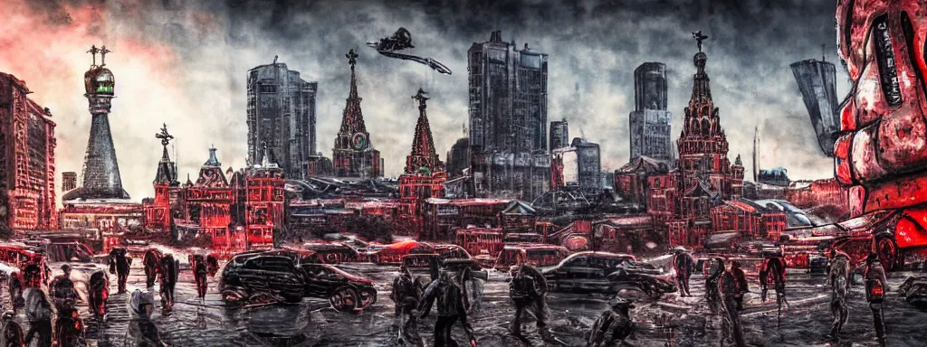 Prompt: alien predator attacks moscow red square. extreme long shot. cyberpunk art. high detail