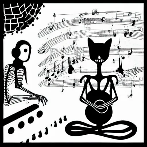 Prompt: skeleton wearing headphones watching girl playing guitar with her black cat standing next to her, digital art