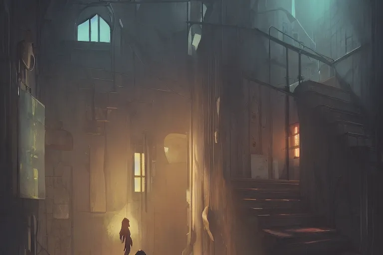 Prompt: a dark cellar staircase by Studio Ghibli, Makoto Shinkai, by Artgerm, by WLOP, by Greg Rutkowski, volumetric lighting, cyberpunk, octane render, 4K resolution, trending on artstation, masterpiece