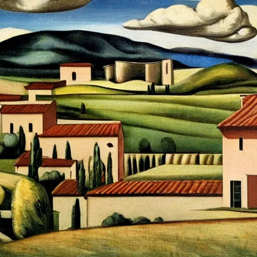 Prompt: dreaming tesla in toscana landscape with modern houses, painted by Giorgio de Chirico, highly detailed