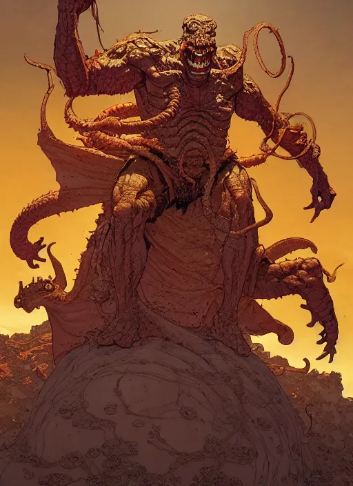 Image similar to masterpiece concept art, levitrial the ancient demon god, by geoff darrow and greg rutkowski and greg darrow, 8 k, intricate detail, cinematic lighting