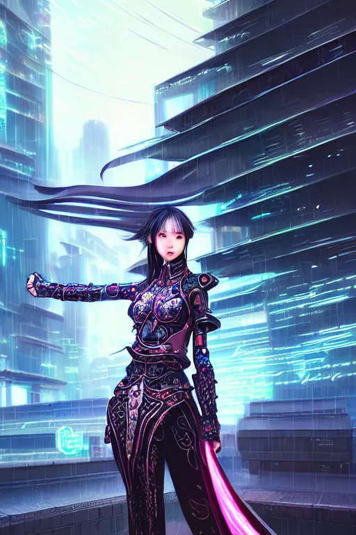 Image similar to portrait futuristic wuxia armor heroine Girl with thunder and fire sparkles and starlight, sword dance in future cyberpunk tokyo heavy rainning rooftop , ssci-fi, fantasy, intricate, very very beautiful, elegant, human structure, neon light, highly detailed, digital painting, artstation, concept art, smooth, sharp focus, illustration, art by tian zi and WLOP and alphonse mucha