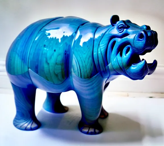 Image similar to a sculpture of hippo baby, bottom half wood!!!!! carved, top half blue translucid resin epoxy, cubic blocks, side view centered, studio