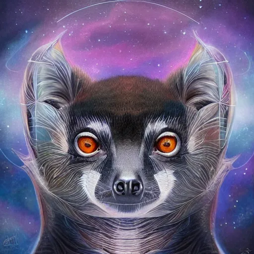 Prompt: geometric symmetrical lemur, galaxy in the background, intricate, elegant, highly detailed, digital painting, artstation, concept art, smooth, sharp focus, illustration, art by artgerm