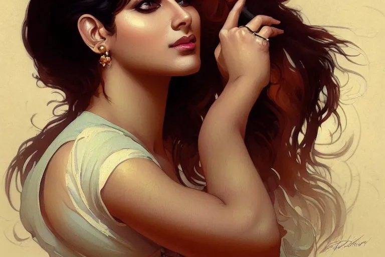 Image similar to sensual pale beautiful indian doctor in jeans, art deco portrait, elegant, intricate, digital painting, artstation, concept art, smooth, sharp focus, illustration, art by artgerm and greg rutkowski and alphonse mucha