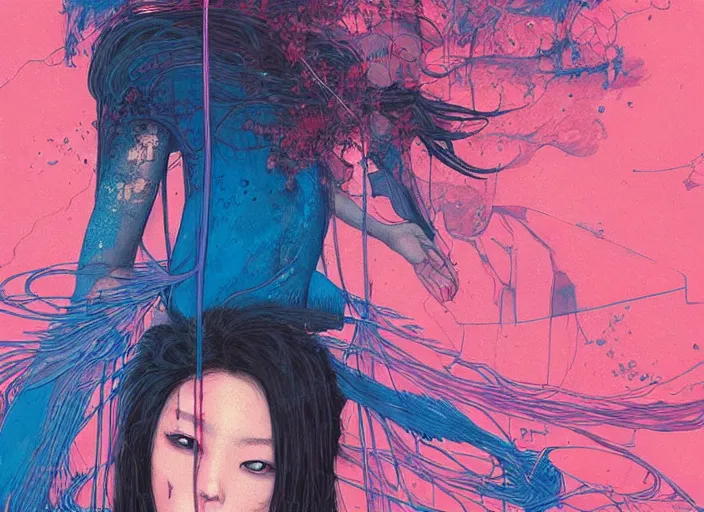 Image similar to lee jin - eun emerging from pink water in cyberpunk theme during a blood moon by the edge of a royal blue antelope canyon by conrad roset, nicola samuri, dino valls, m. w. kaluta, rule of thirds, seductive look, beautiful