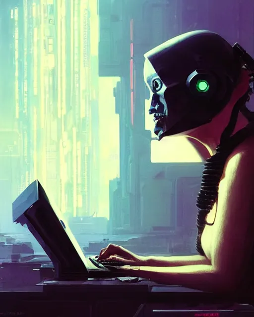 Image similar to cyberpunk ape hacker at the computer. sci - fi art by greg rutkowski, gustave courbet, rosa bonheur, edward hopper. faithfully depicted facial expression, perfect anatomy, sharp focus, global illumination, radiant light, detailed and intricate environment, trending on artstation