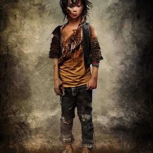 Prompt: detailed half body digital art for a game of a beautiful child wearing ragged, heavy and ruined clothes. the background is dark. dramatic camera angle