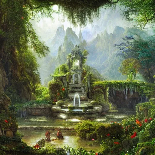 Image similar to a beautiful and highly detailed matte painting of a magical fountain in a fantasy garden in a lush forest deep in the mystical mountains, intricate details, epic scale, insanely complex, 8 k, sharp focus, hyperrealism, very realistic, by caspar friedrich, albert bierstadt, james gurney, brian froud,