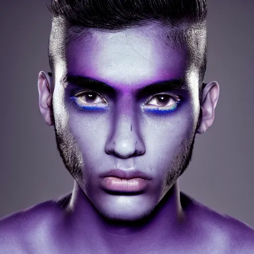 Prompt: a young beautiful slim athletic indian male has freckles color blue with an ombre effect, his eyes pupils are purple, his hair is colored blue silver ombre, photographed by erwin olaf