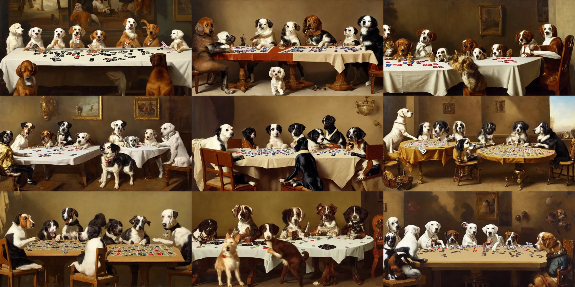 Prompt: a painting of four dogs playing cards at a table, a fine art painting by karel dujardin, featured on cgsociety, american realism, flemish baroque, dutch golden age, fine art