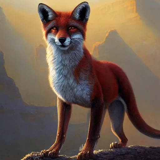 Image similar to Red Puma Fox Beast Chimera Hybrid collar wearing feather crest paws fingernails whiskers snacks tail eyes furry fuzzy standing atop grand canyon greg rutkowski greg danton tony sart raymond swanland chris foss chris cold christophe norman rockwell young acrylic 4k artstation wikiart wikipedia realism tilt-shift aspca adoption research