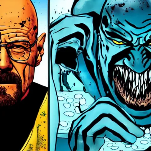 Image similar to walter white as venom, cooking meth