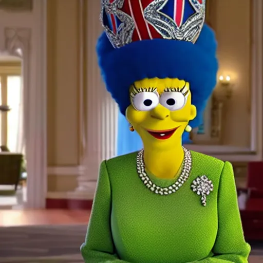 Image similar to movie still of marge simpson as the queen of england