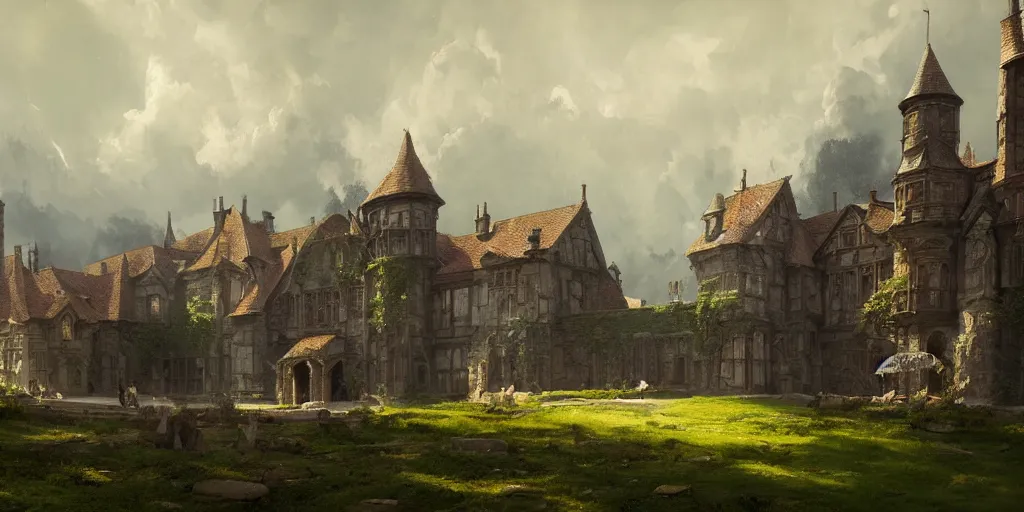 Prompt: A fancy landscape of a Medieval Noble Estate by Greg Rutkowski, Sung Choi, Mitchell Mohrhauser, Maciej Kuciara, Johnson Ting, Maxim Verehin, Peter Konig, 8k photorealistic, cinematic lighting, HD, high details, dramatic, Vivid Colors, trending on artstation