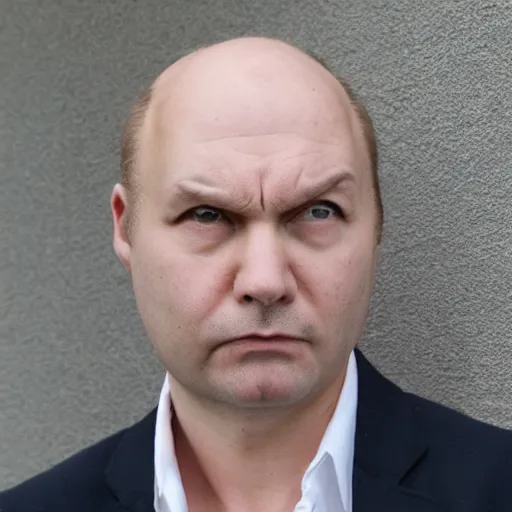 Image similar to an extremely angry, balding middle aged man looking at the camera