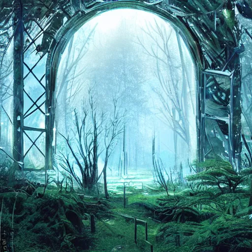 Prompt: frozen derelict portal in a middle of a snowy lush futuristic forest, engine tubes around the portal, green lush world seen only through a portal, daylight, cinematic lighting, blue sky, syd mead, john harris