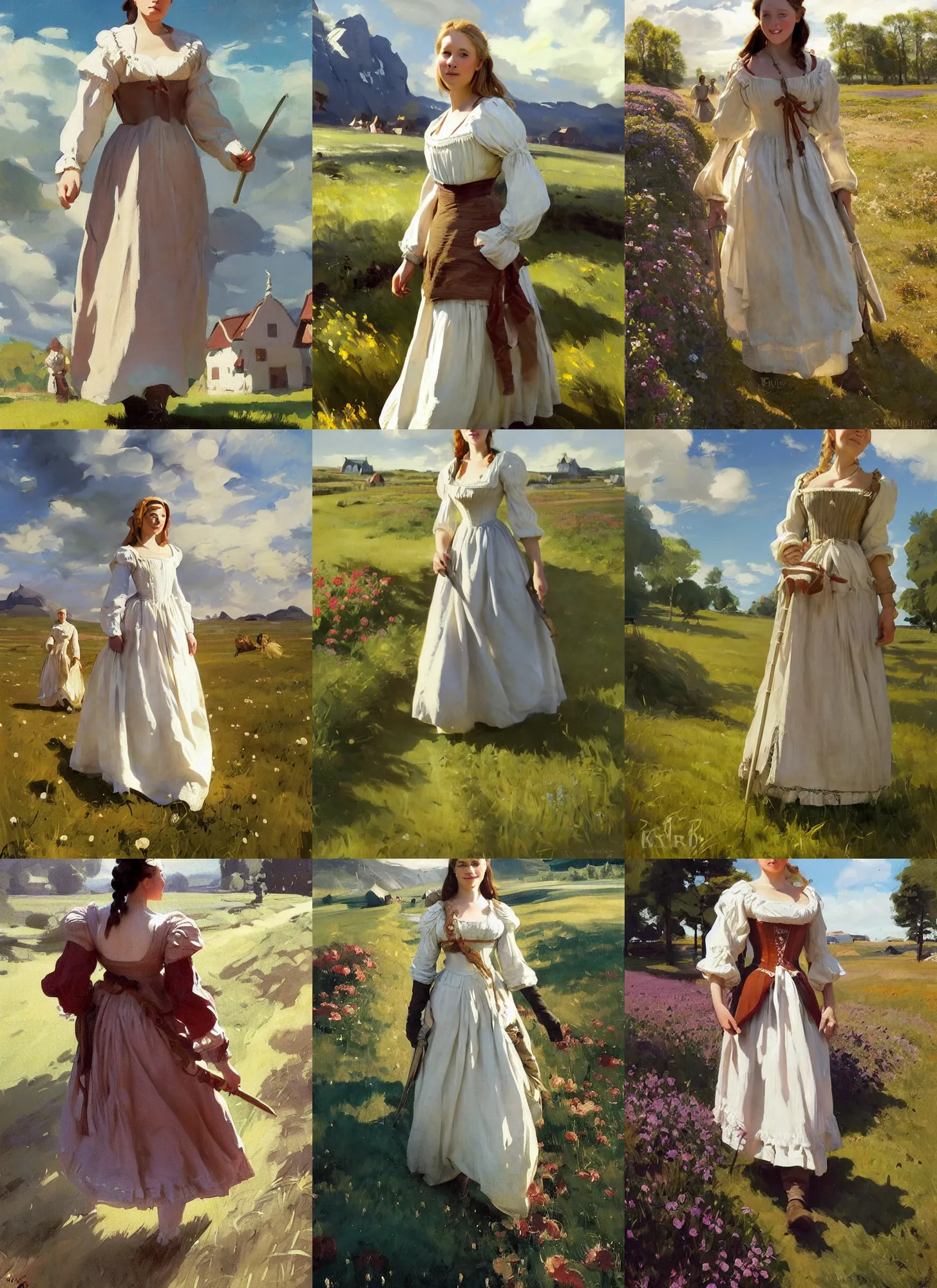 Prompt: finnish norway scandinavian attractive village maiden wearing 1 7 th century bodice walking in the field in a sunny day, jodhpurs greg manchess painting by sargent and leyendecker, studio ghibli, fantasy, medium shot, asymmetrical, intricate, elegant, matte painting, illustration, hearthstone, by greg rutkowski by craig mullins, by peggi kroll roberts