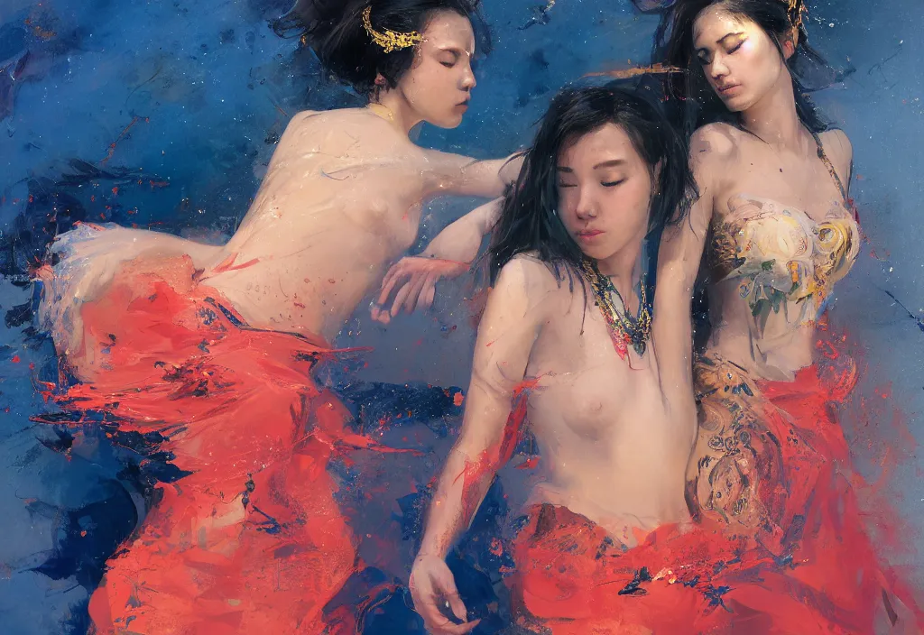 Prompt: full body portrait of a duo of 1 9 years old girl figures, oriental tattoos, jeweled ornament over forehead, subject wearing a used bedsheet, flowing, beautiful, dramatic, theatrical, cinematic lighting, ultramarine, lemon, fire red, few vivid highlights, visible brushstrokes, by greg rutkowski and jeremy mann, artstation, oil on canvas