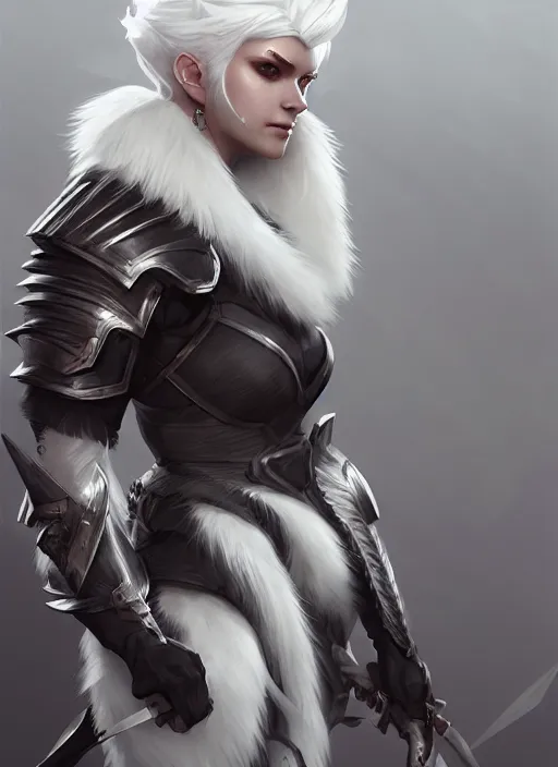 Image similar to fur - lined armor!!! beautiful and elegant white haired female!! gorgeous ayes!! character concept art, sharp focus, octane render! unreal engine 5! highly rendered!! trending on artstation!! detailed linework!! illustration by bussiere rutkowski andreas rocha