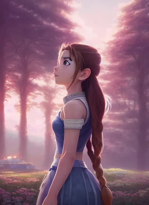 Image similar to beautiful portrait of aerith from final fantasy dahyun from twice the painterly style of wlop, artgerm, yasutomo oka, yuumei, rendered in octane render, surrounded by epic ruins landscape by simon stalenhag, dynamic soft dramatic lighting, imagine fx, artstation, cgsociety, by bandai namco artist,