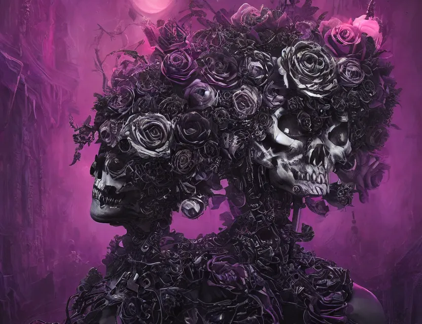 Image similar to a chaotic goddess of death skeleton as a heroine, intricate, elegant skull black rose s day of the dead atmospheric, dramatic, Trending on artstation. augmentations and cybernetic enhancements neon circuits, greg rutkowski , hyperrealist, cinema4D, 8k highly detailed