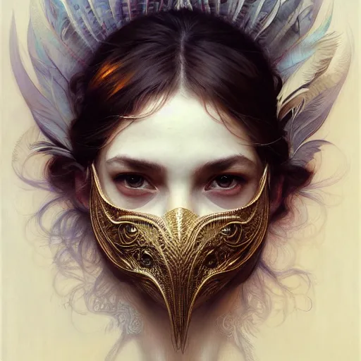 Prompt: Girl wearing an intricate mask made of delicate feathers, face, detailed, elegant, highly detailed, digital painting, artstation, concept art, smooth, sharp focus, illustration, art by Krenz Cushart and Artem Demura and alphonse mucha