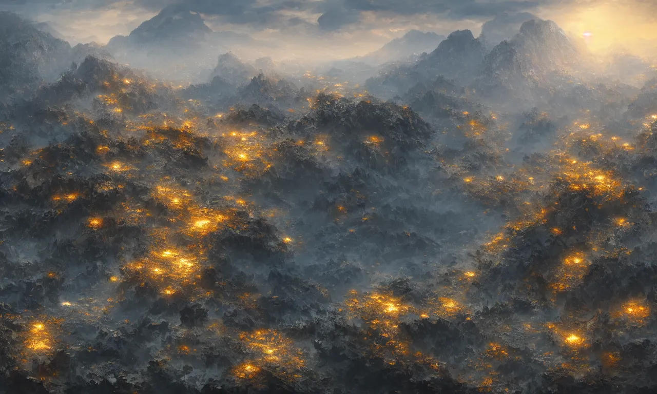 Image similar to breathtaking detailed digital painting of an aerial view of luxurious nature, mountains rocks at dawn with intricate ribbons and golden petals flying, with moody dark tumultuous clouds, by dao trong le, artstation, concept art, matte, 8 k,