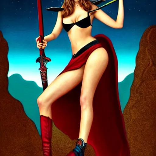 Image similar to barbara palvin posing as an amazon holding a sword, volcanic background, 1 9 8 0's art, retro art, airbrush style, intricate, elegant, sharp focus, illustration, highly detailed, concept art, matte, sharp focus, art by peter palombi