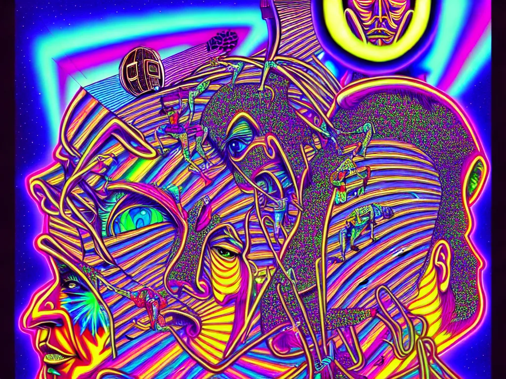 Prompt: a house party, epic angle, happy, psychedelic, hip hop, surreal, neon, vaporwave, detailed, illustrated by Alex Grey, 4k